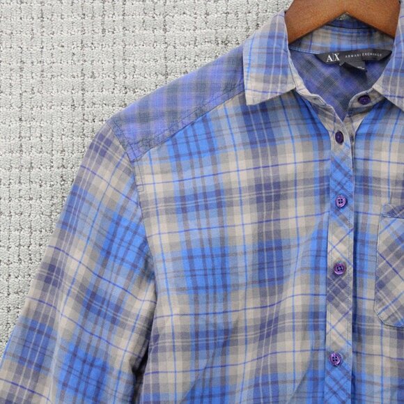 AX Armani Exchange Shirt Mens XS Blue Plaid Casual Button Down Collared Cotton - Picture 3 of 9